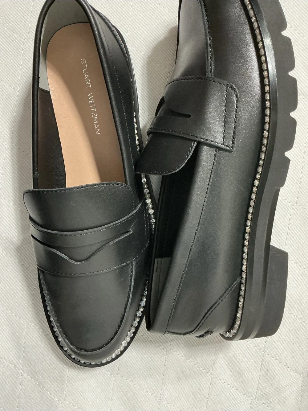 Stuart Weitzman Monty Black Leather Pearl Trim Penny Loafers Size 7.5 NWOB